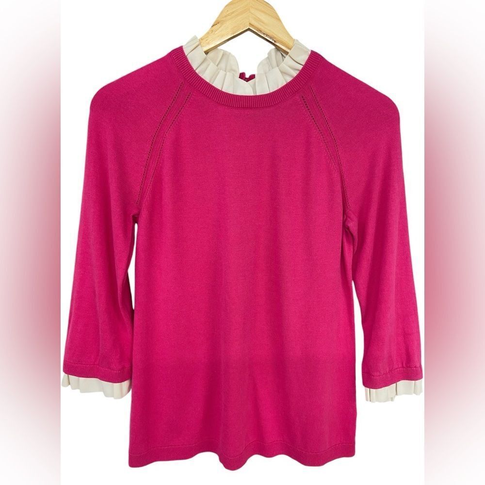 Talbots Lightweight Pink Sweater with White Cuff and Neck Ruffles Size Small